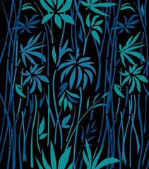 Pattern of bamboo thickets of emerald leaves 
and blue branches on a black background