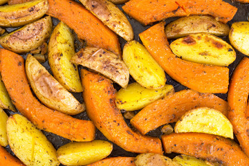 Vegetarian menu. Baked pumpkin and potatoes
