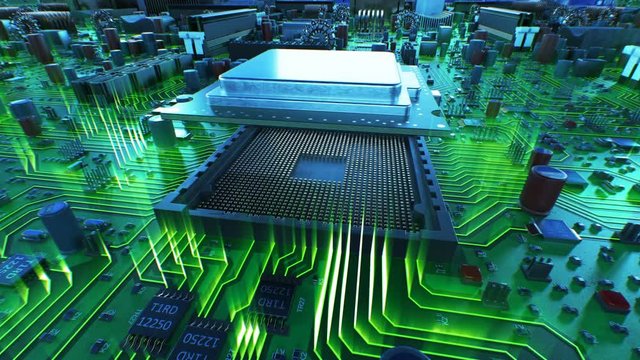 Processor Installation on the Motherboard Process with Green Lights. Beautiful 3d Animation of Circuit Board and CPU with Wave and Flares. Technology and Digital Concept. 4k Ultra HD 3840x2160.