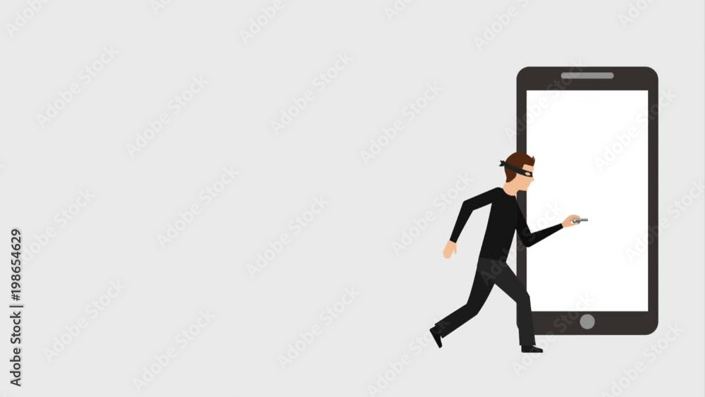 Poster hacker holding key attack smartphone cyber security data animation hd