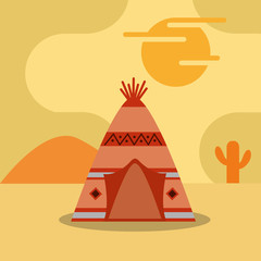 native american tent in the desert cactus sunset vector illustration