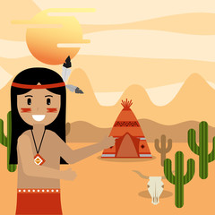 native american man pointing teepee house in the desert cactus skull vector illustration © Gstudio