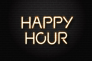 Vector realistic isolated neon sign of Happy Hour lettering logo for decoration and covering on the wall background. Concept of night club, free drinks, bar counter and restaurant.