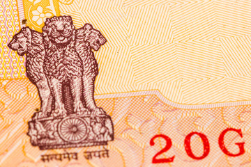 close-up 10 indian rupee frontside with seal. Background