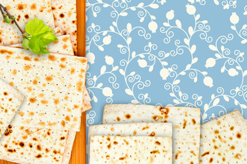 An overhead photo of Jewish matzah on the chopping board. The illustration of linden tree branch and matzah for jewish passover. Holiday illustration of matza on the pattern with pomegranate contour.