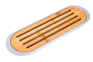 Wooden cutting board for bread on white background