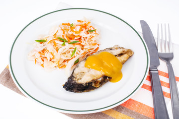 Fish fried, cabbage sauerkraut, lunch