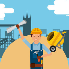 foreman worker holding hammer blueprint in construction vector illustration