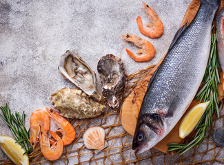 Seafood concept. Fish, shrimps and oysters.