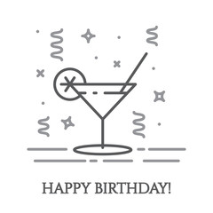 Cocktail in martini glass and confetti around it in thin line style isolated on white background.