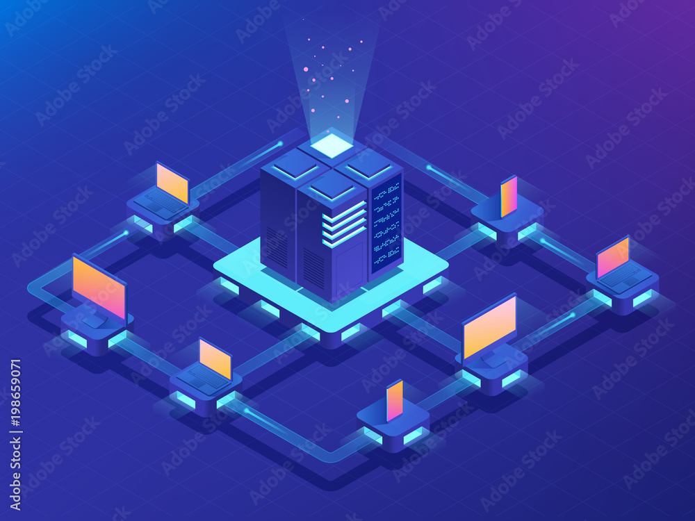 Poster cryptocurrency and blockchain concept. farm for mining bitcoins. isometric vector illustration