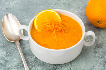 Dietary pumpkin, carrot soup puree with orange