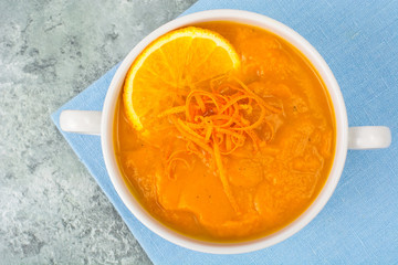 Dietary pumpkin, carrot soup puree with orange