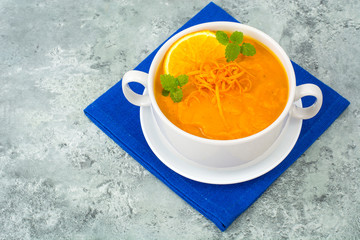 Dietary pumpkin, carrot soup puree with orange
