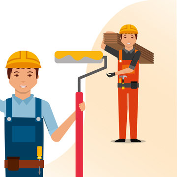 construction workers painter with paint roller and carpenter holding boards tools vector illustration