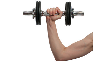 Fototapeta na wymiar woman hand with black metal Dumbbell isolated on white background