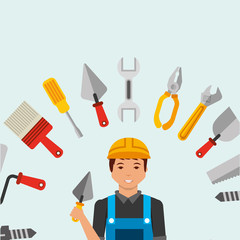 construction worker holding spatula and tools vector illustration