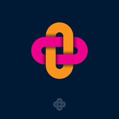 Abstract icon. Flat logo for business, industry or pharmacy. Pink and orange crossed elements on a dark background.