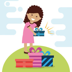 young happy girl holding a bright gift box and many presents in floor vector vector illustration