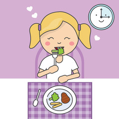 Little girl eating dinner - Vector flat illustration