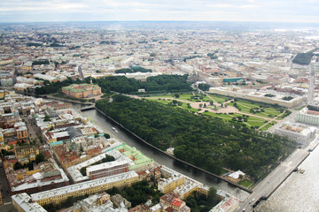 Bird's eye view of the Mikhailovsky Castle, the Summer garden and the Field of Mars square in Saint-Petersburg, Russia
