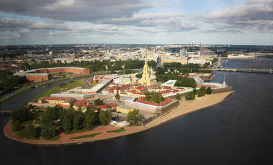 Bird's eye view of Peter and Paul Fortress, Museum of  artillery and the Neva river in Saint-Petersburg, Russia