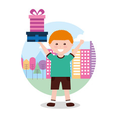 young boy happy holding gift box in hands with city background vector illustration