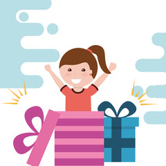 little girl happy inside open gift box party celebration vector illustration