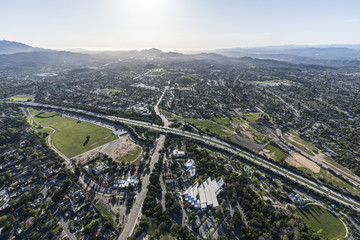 Aerial view of route 23 freeway at Janss Road in suburban Thousand Oaks near Los Angeles, California.