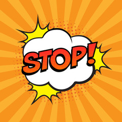 Retro comic speech bubble with colorful halftone shadow on orange stripes pattern. Expression text STOP. Vector illustration, vintage design, pop art style.