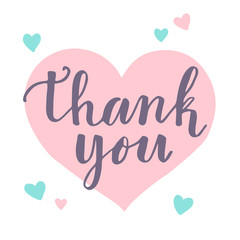 Thank you phrase. Cute hand drawn colorful calligraphic lettering with pink and mint green hearts on white background. Perfect for greeting cards, posters, print ect. Vector illustration