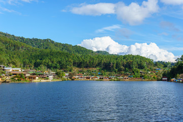 beautiful panorama landscape view of big lake among the mountain with blue sky and cloud. Ban Rak Thai,Mae Hong Son, Thailand.
