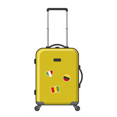 Yellow suitcase on wheels, vector illustration isolated on white background