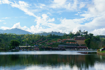 Fototapeta na wymiar panorama landscape view of big lake with blue sky and cloud at Ban Rak Thai,Mae Hong Son,Thailand