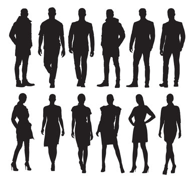 Business men and women in different poses, set of vector silhouettes. Adult people in formal dress at work