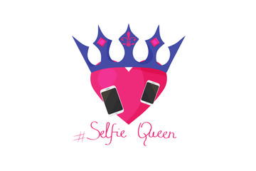 Vector illustration with a girl slogan Selfie Queen, heart shape and a crown. Great as shirt or Tee print, poster or icon. Selfie Queen sign.