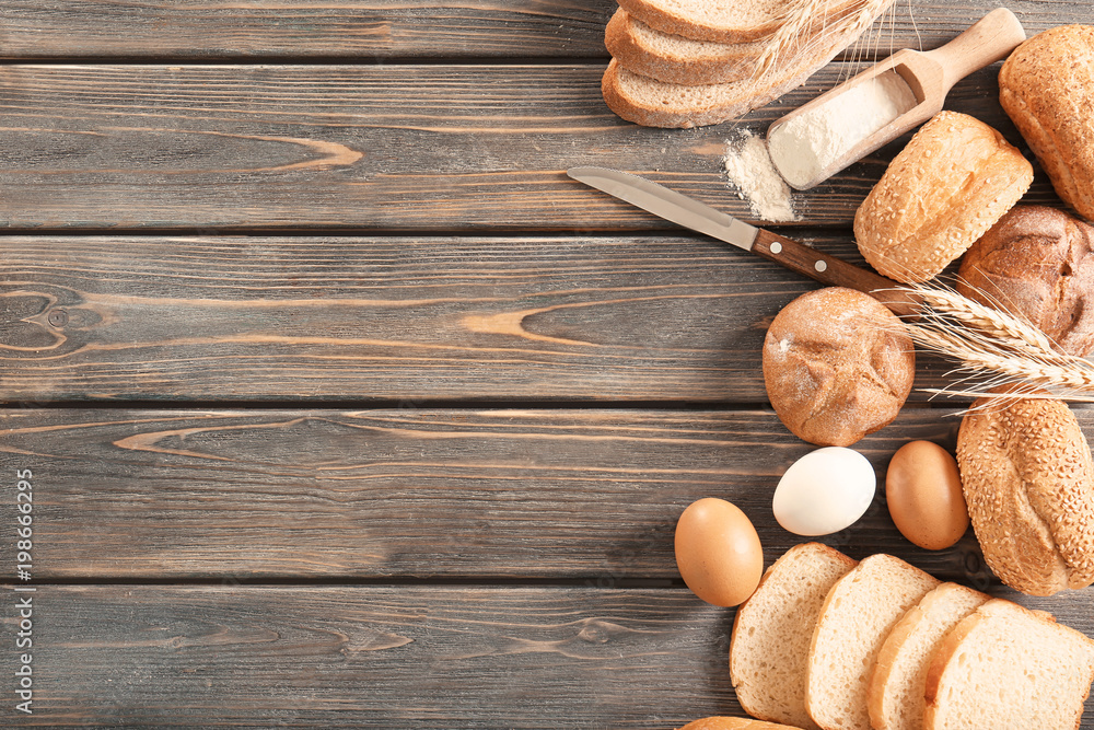 Canvas Prints freshly baked bread products on wooden background