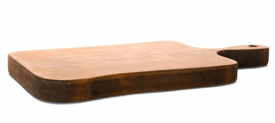 Wooden board on white background. Handcrafted cooking utensils