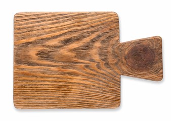 Wooden board on white background. Handcrafted cooking utensils