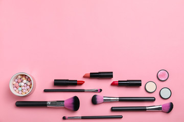 Naklejka premium Flat lay composition with cosmetic products on color background