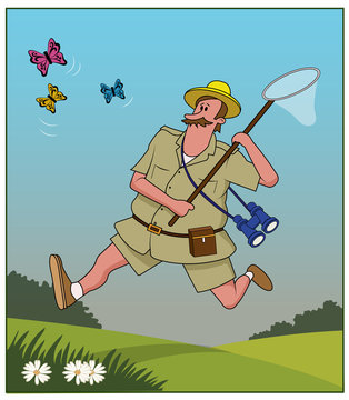 Butterfly Catcher / A man chases butterflies through an open field.