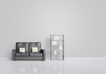 Modern interior design of living room with black sofa with grey and wooden glossy floor and book shelves. White cushions elements. Home and Living concept. Lifestyle theme. 3D illustration rendering.