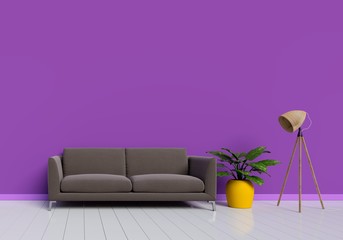 Modern interior design of purple living room with brown sofa and yellow plant pot on white glossy wooden floor. Lamp element. Home and Living concept. Lifestyle theme. 3D illustration rendering.