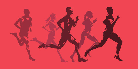 Running men and women, active people. Monochromatic isolated vector silhouettes