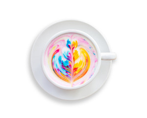Top view of colorful rainbow latte coffee in white cup. Isolated on white. Saved with clipping path