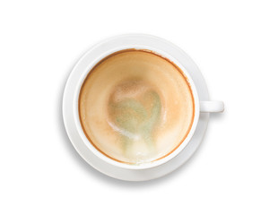 Top view of empty white coffee cup with latte foam after drinking. Isolated on white. Saved with clipping path