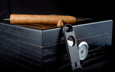 Cigars on a humidor against a black background
