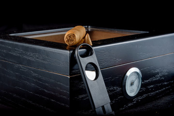 Cigars on a humidor against a black background