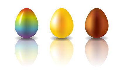 Set of 3 Easter eggs painted in different colors. Rainbow, golden and chocolate eggs. Semi realistic vector illustration, isolated on white