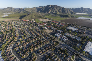 Aerial view of Camarillo homes, business and farms in Ventura County, California.  